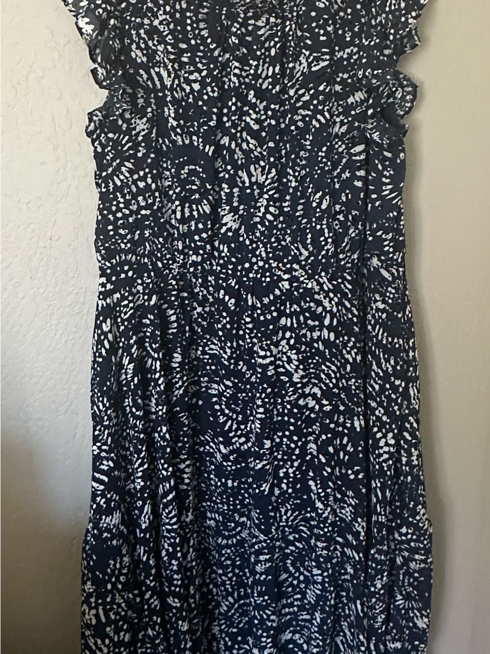 Maurices Navy and White Printed Maxi Dress with Ruffle Shoulders